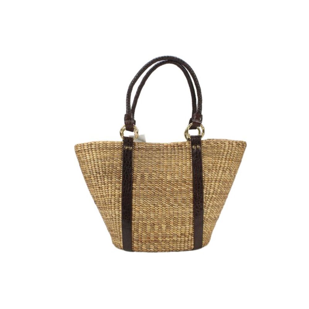 Three Islands Womens Straw Snap Closure Tote Handbag Beige